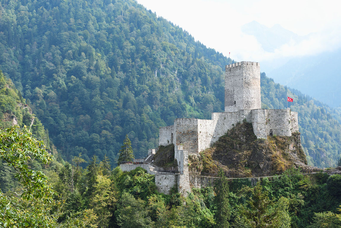 rear view of young woman with wicker basket wearing traditional harvesting clothes between rows of Turkish black tea plantations in Cayeli area Rize province
