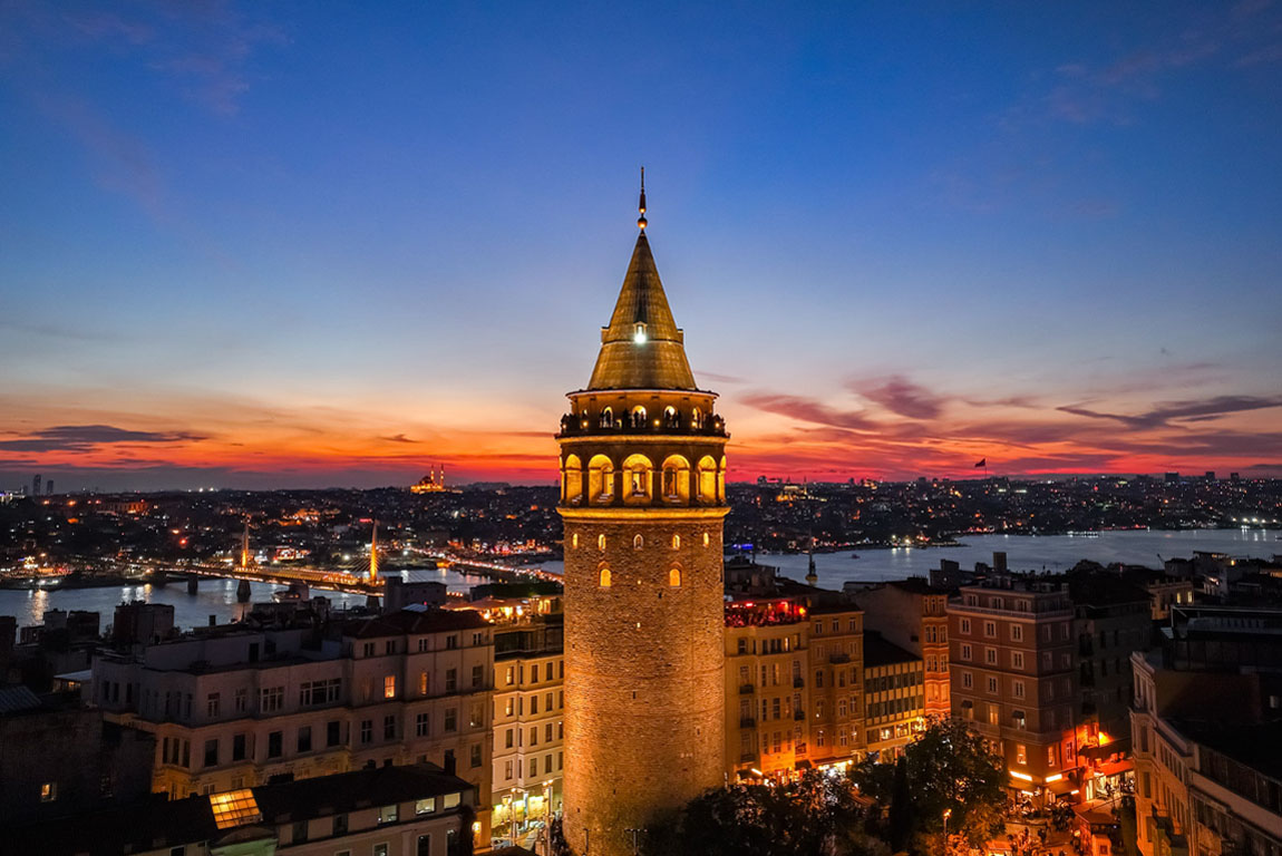 Galata Tower in the Sunset Drone Photo, Galata Beyoglu, Istanbul Turkiye (Turkey)