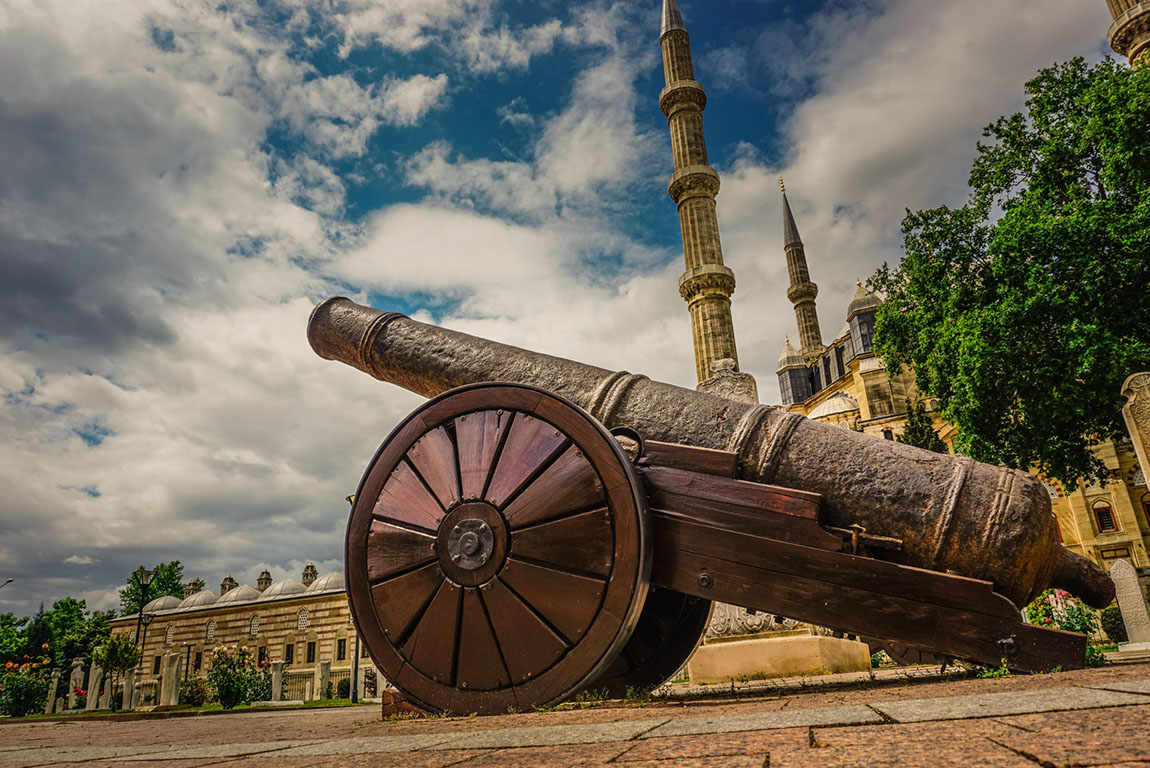 Selimiye Mosque and monument of Ottoman Sultan Mehmed II (Mehmed The Conqueror) with medieval cannon in city of Edirne,  East Thrace, Turkey